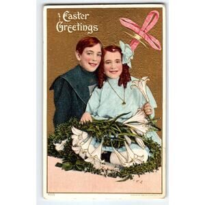 Easter Postcard Choir Boy Girl Lily Flowers Embossed Vintage 1909 Meeker